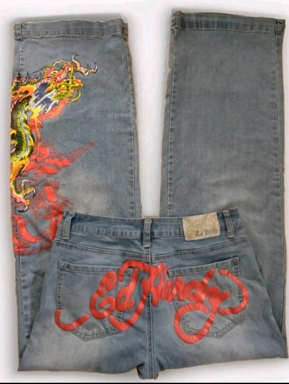 Y2K Ed Hardy Crawling Dragon Mid Rise Wide Leg Red Script Back Denim Size 28